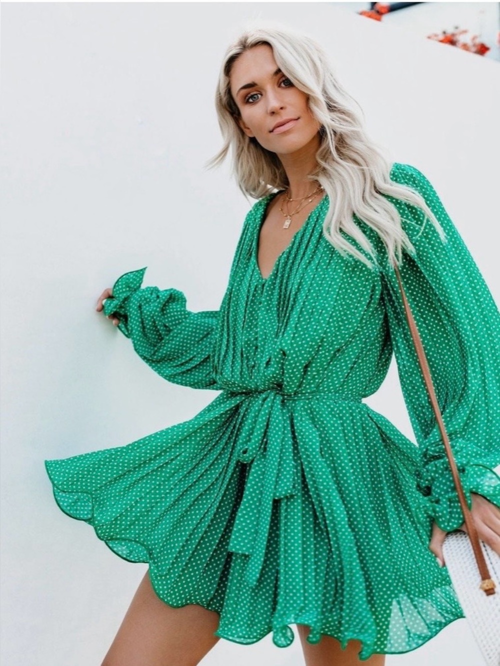 Vici Green Polka Dot V-Neck Tie-Waist Mini Dress